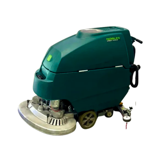 PowerKleen Nobles Speed Scrub walk-behind floor scrubber machine isolated on a white background for industrial floor cleaning.