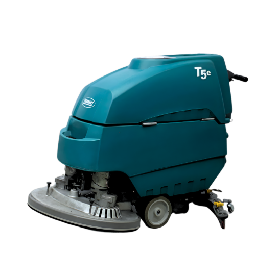 PowerKleen Tennant T5e walk-behind floor scrubber machine isolated on a white background for commercial cleaning applications.