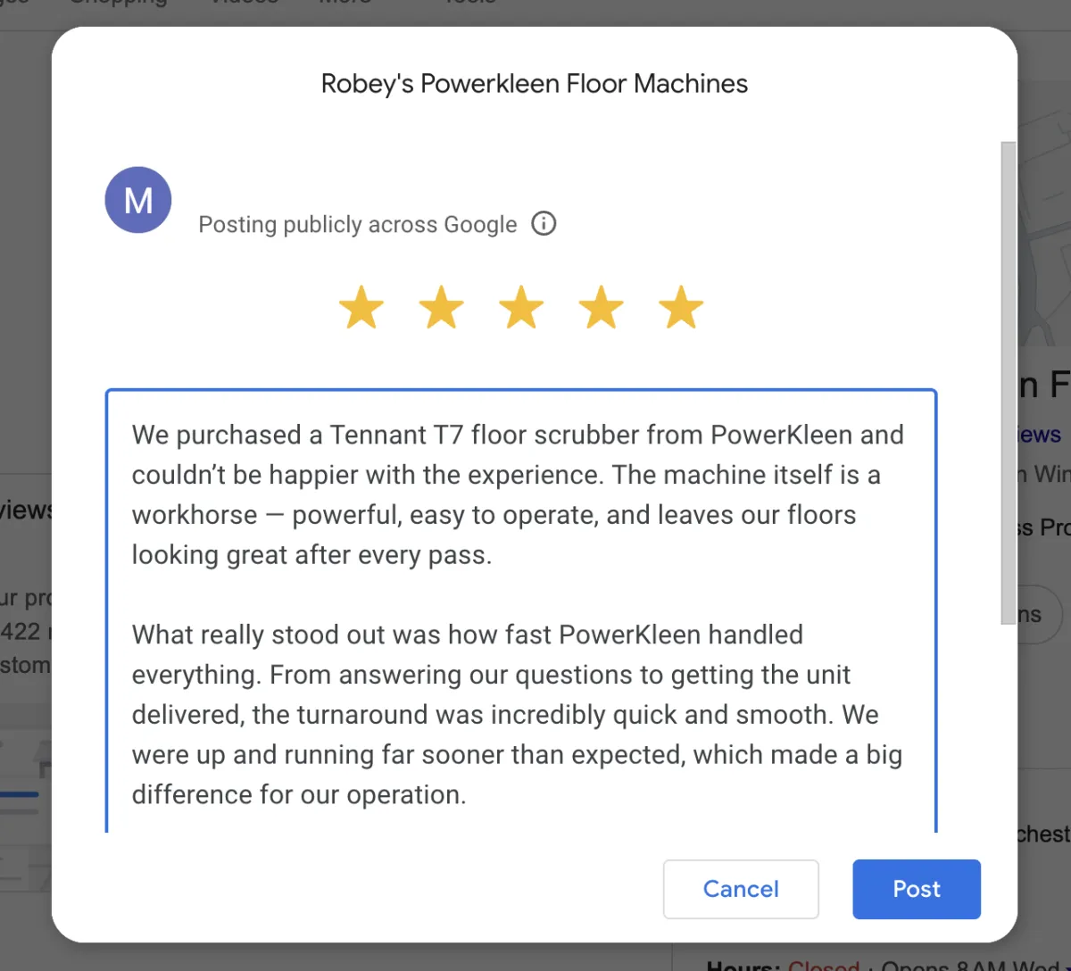 Screenshot of a 5-star Google review draft for Robey’s PowerKleen Floor Machines praising the Tennant T7 floor scrubber for its performance, ease of use, fast delivery, and smooth customer service experience.