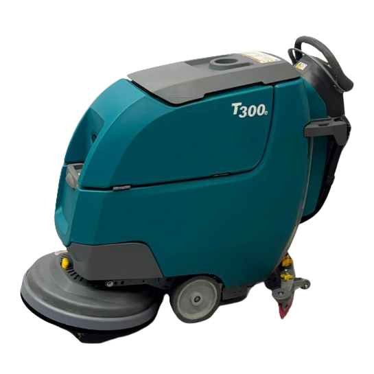 PowerKleen Tennant T300e walk-behind floor scrubber isolated on a transparent background for commercial and industrial floor cleaning applications.