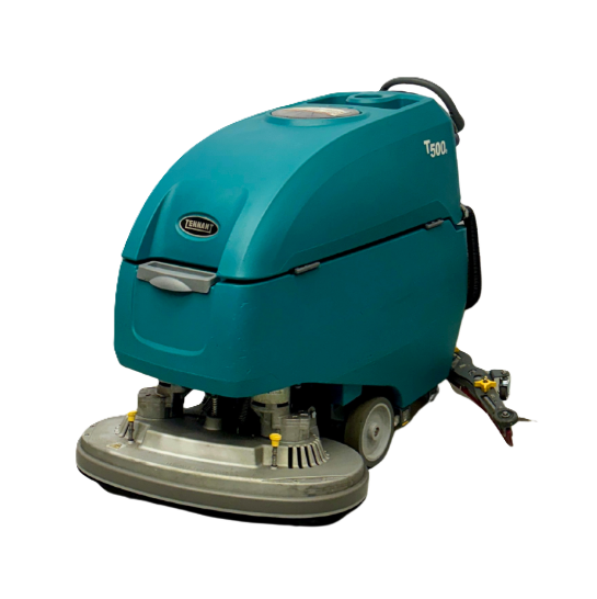 PowerKleen Tennant T500 walk-behind floor scrubber isolated on a transparent background for commercial and industrial floor cleaning applications.