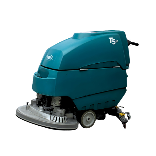 PowerKleen Tennant T5e commercial automatic floor scrubber isolated on a transparent background for industrial and warehouse floor cleaning.